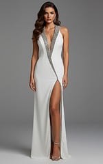 white high slit v neckline dress 40119