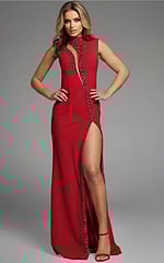 red embellished high slit dress 40121