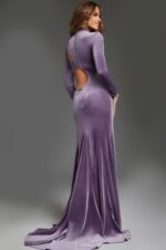 Model wearing Jovani 40124 purple dress, back view showing open back.