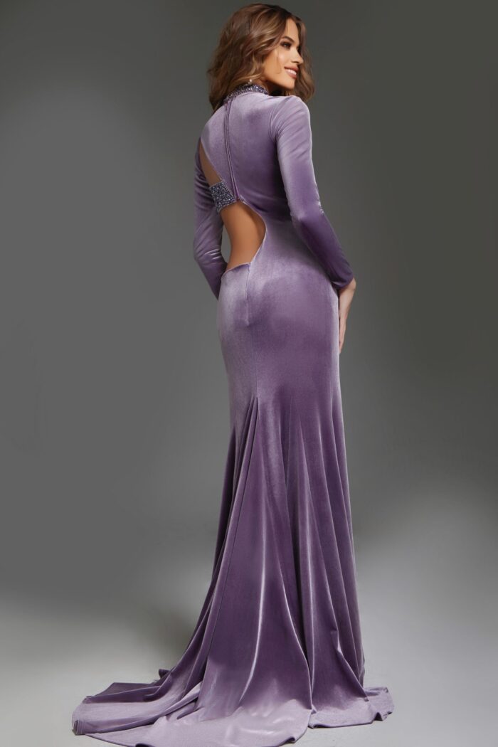 Model wearing Jovani 40124 purple dress, back view showing open back.