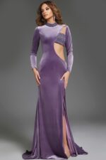 Model in Jovani 40124 purple dress with high neckline, front view.