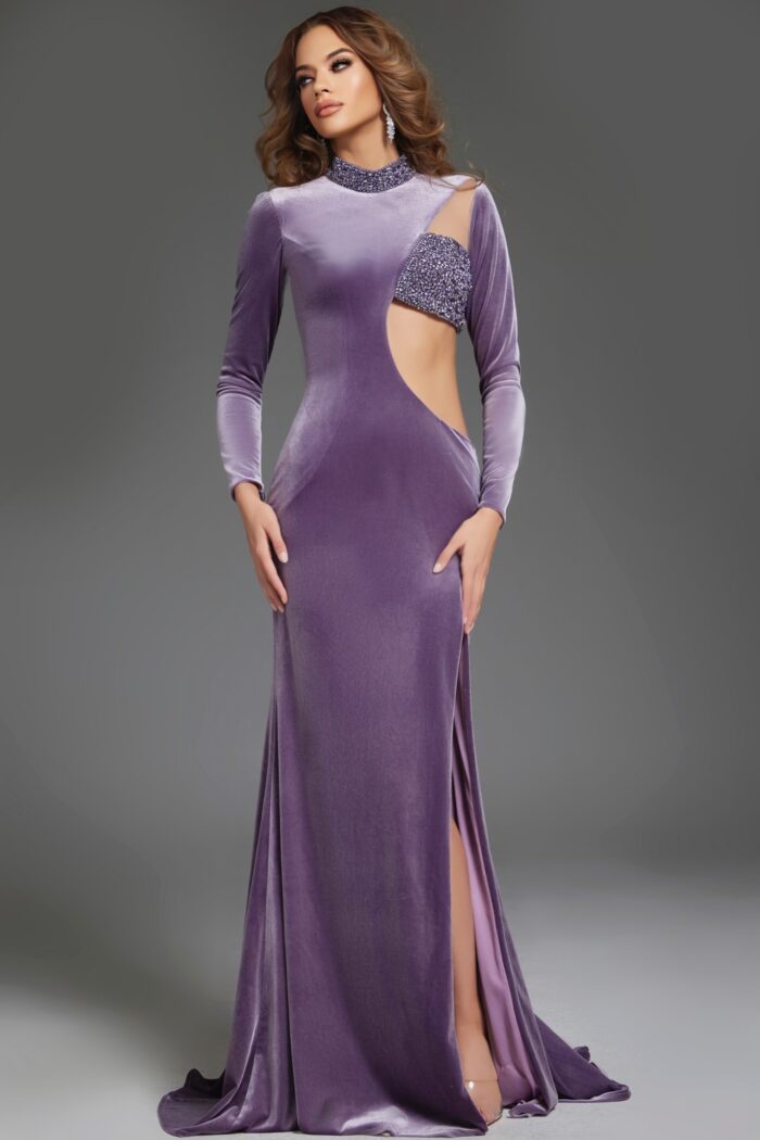Model in Jovani 40124 purple dress with high neckline, front view.