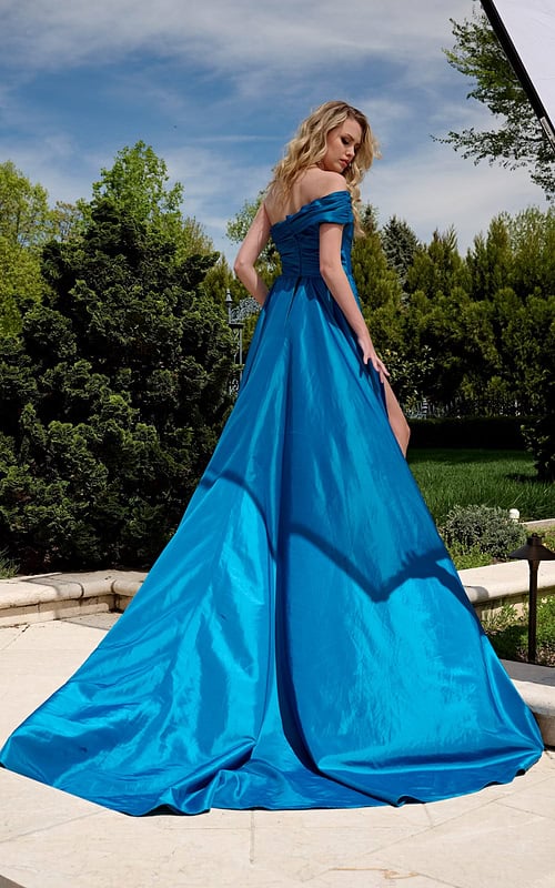 Model wearing Teal Off-Shoulder Mini Dress with Train 40128