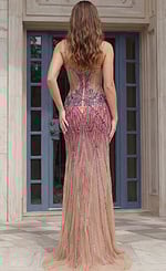 Front View Sheer Beaded Evening Gown With Intricate Crystal Detailing