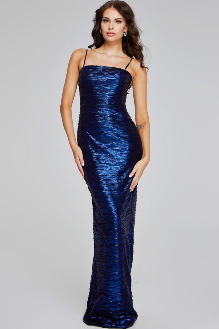model in Jovani 40137 long navy dress with textured fabric design
