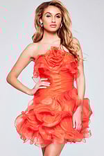 Model wearing Jovani 40144 orange dress with front detailing