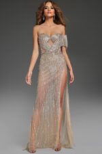 Model wearing Jovani 40146, a silver strapless gown with sweetheart neckline and beading, front view.