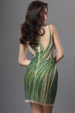 green bodycon mini dress with illusion neck sleeveless beaded