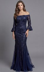 Sequin Embellished Mermaid Gown With Romantic Bell Sleeves