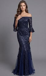 Off Shoulder Lace Gown With Fluted Sleeves And Mermaid Skirt