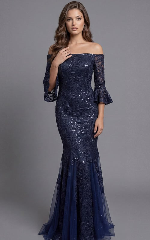 Off Shoulder Lace Gown With Fluted Sleeves And Mermaid Skirt