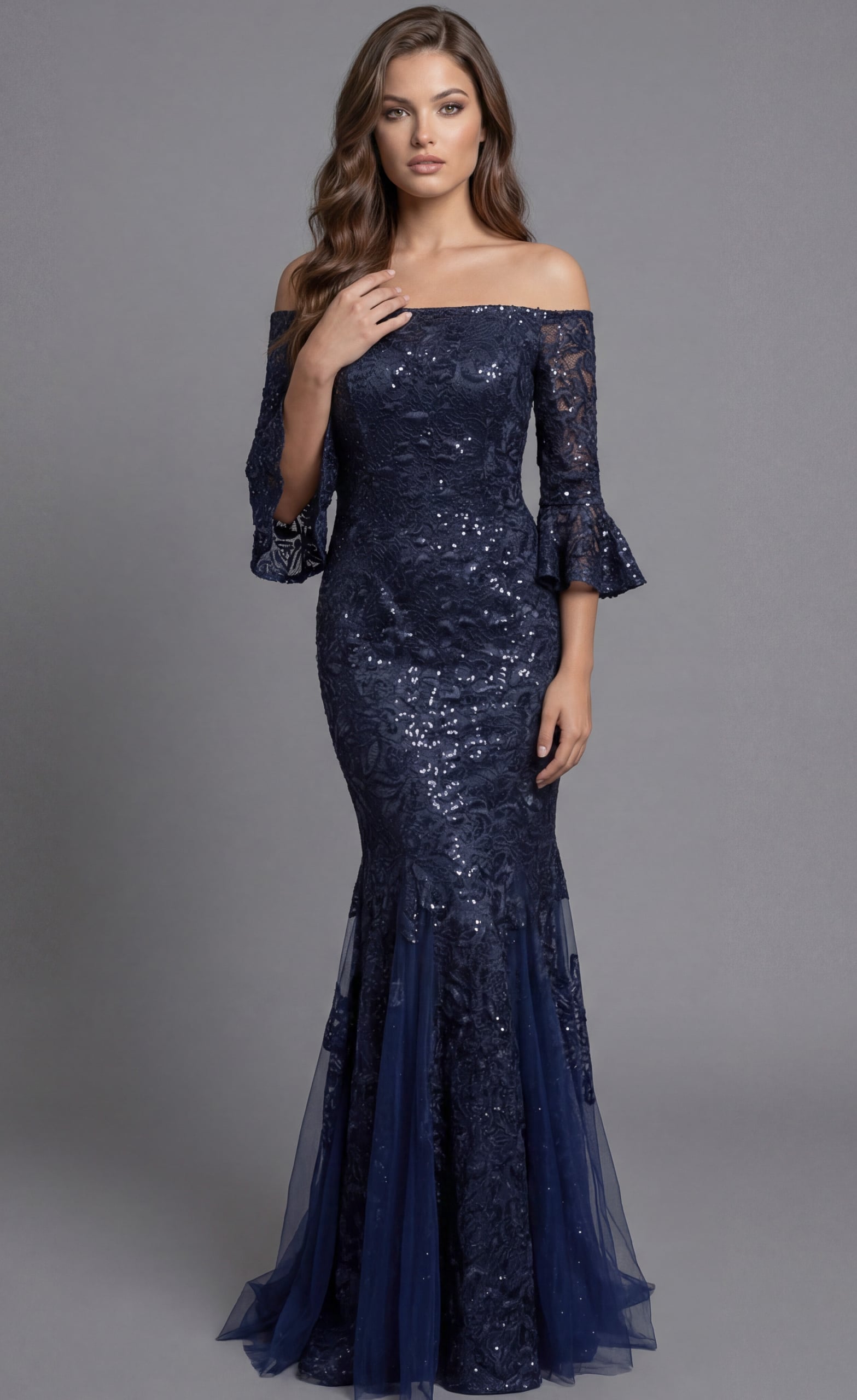 Lace Off Shoulder Mermaid Gown with Bell Sleeves 40155 | Jovani
