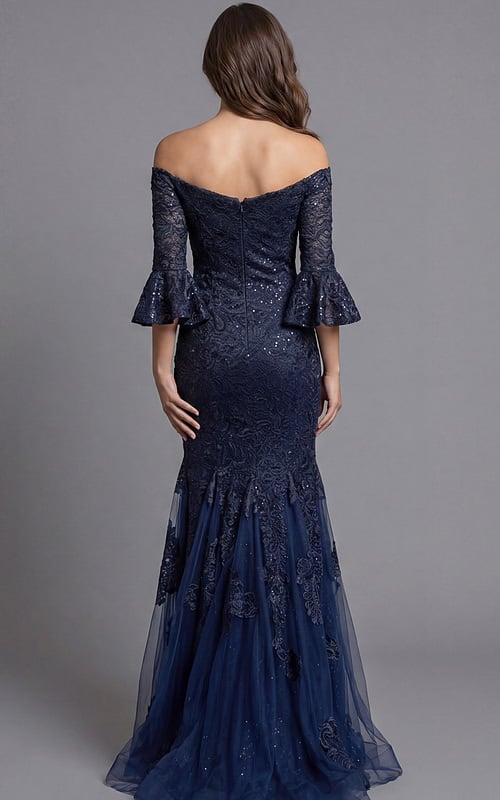 Back View Off Shoulder Lace Gown With Sheer Tulle Train
