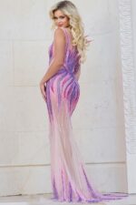 Model wearing Jovani 40159 nude dress from the front side