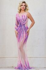 Model wearing Jovani 40159 nude dress with pink and purple sequins