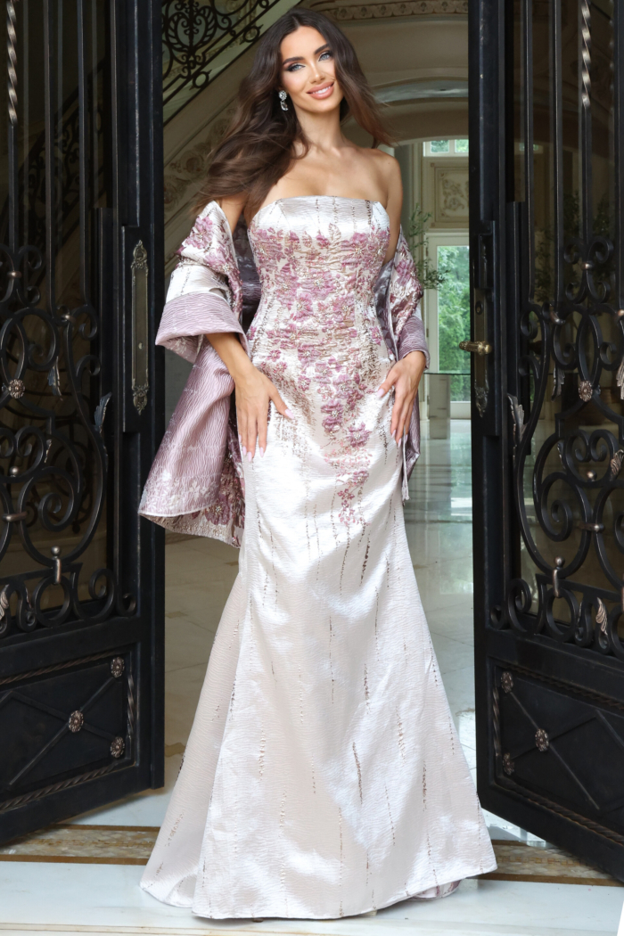 Ivory metallic strapless gown with pink floral print shawl, front view
