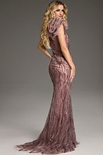 Back view of model wearing Jovani 40167, highlighting the gown's silhouette and flowing design.