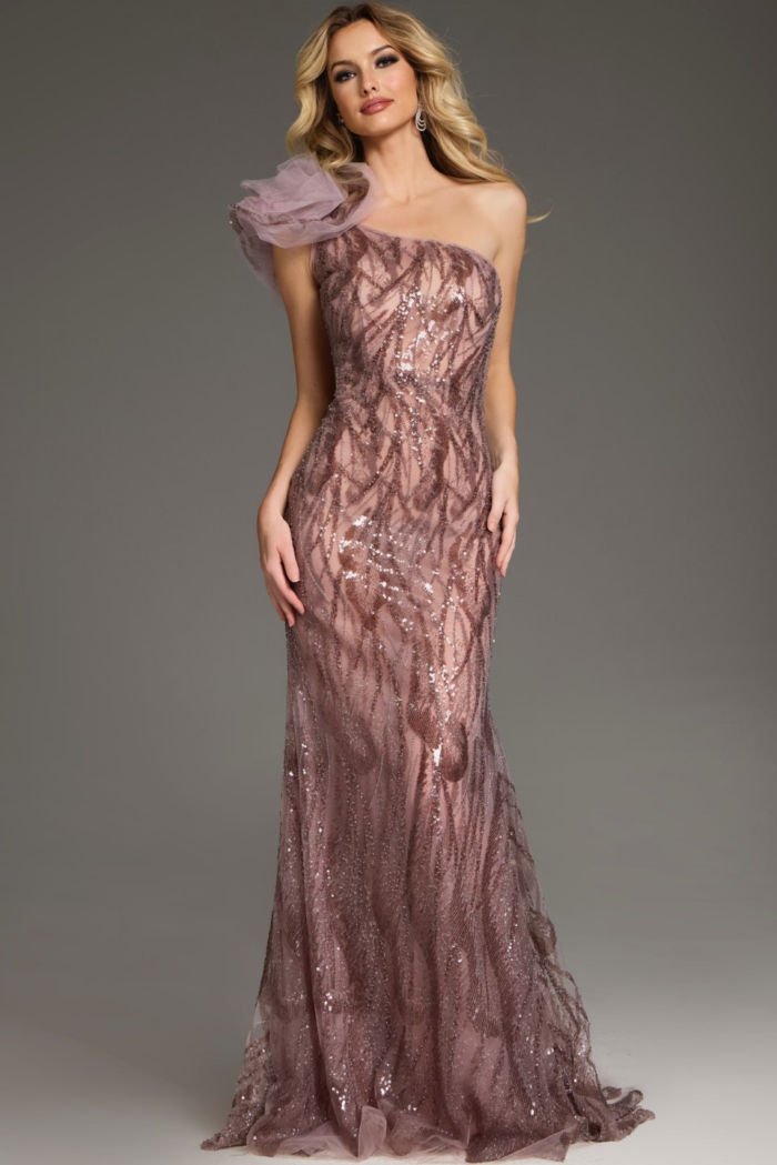 Model wearing Jovani 40167, side view showing brown gown's sequin detail and elegant flare.