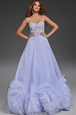 Model wearing Jovani 40170 blue ballgown, full front view with detailed floral accents.