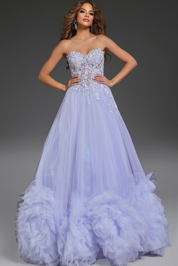 Model wearing Jovani 40170 blue ballgown, full front view with detailed floral accents.