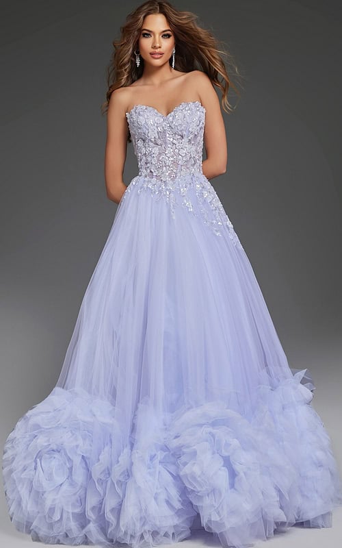 Model wearing Jovani 40170 blue ballgown with sweetheart neckline and floral embellishments, front view.