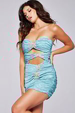 Model wearing Jovani 40173 Blue mini dress with unique cutout detail