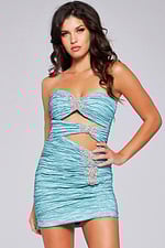 Model wearing Jovani 40173 Blue mini dress with front view