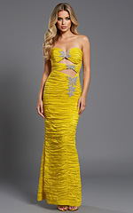 yellow ruched bodice embellished dress 40174