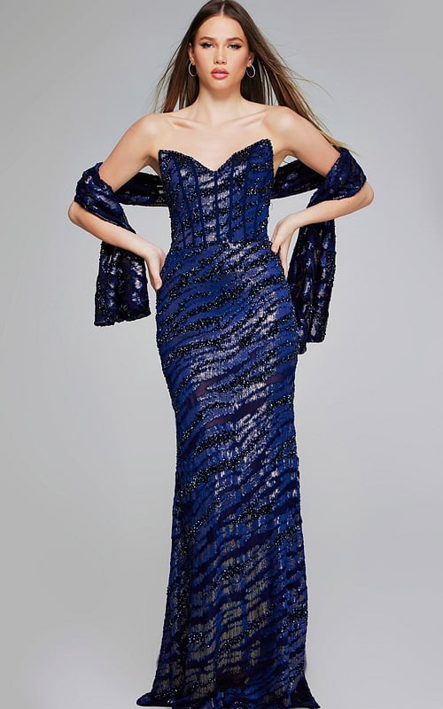 Model wearing Jovani 40181 navy strapless gown from the back, showcasing the elegant silhouette and shimmering sequins.