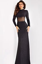 Full-length black glitter gown back view with sheer detail