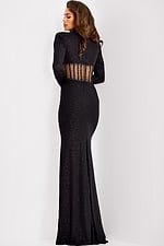 Black glitter fitted gown with sheer beaded waist front view