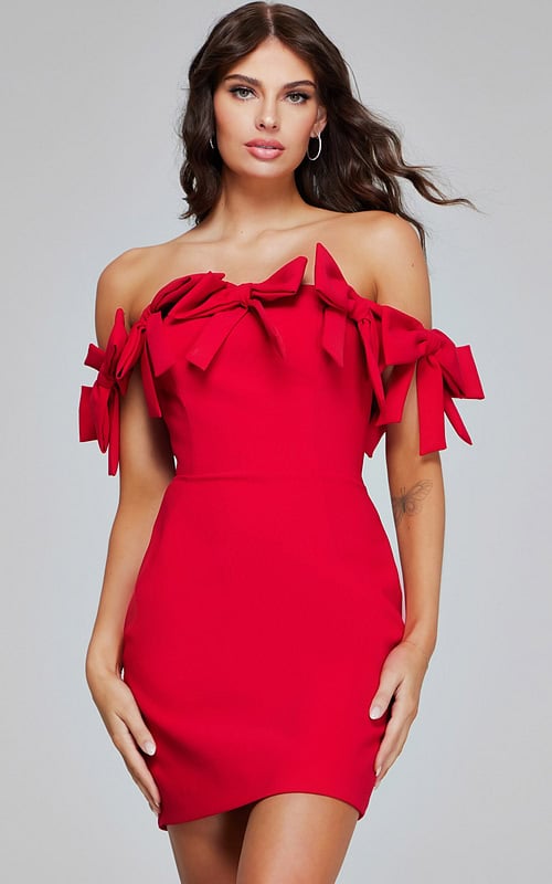 Model wearing Jovani 40185 red off-the-shoulder dress with bow details.