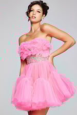 Model wearing Jovani 40186 close-up front view with strapless pink dress.