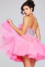 Model showing back view of Jovani 40186 with strapless pink dress.
