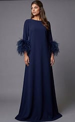 Floor-length navy gown with feather-trim sleeves and clean back silhouette