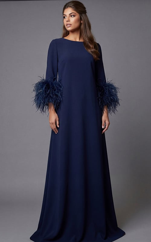 Floor-length navy gown with feather-trim sleeves and clean back silhouette