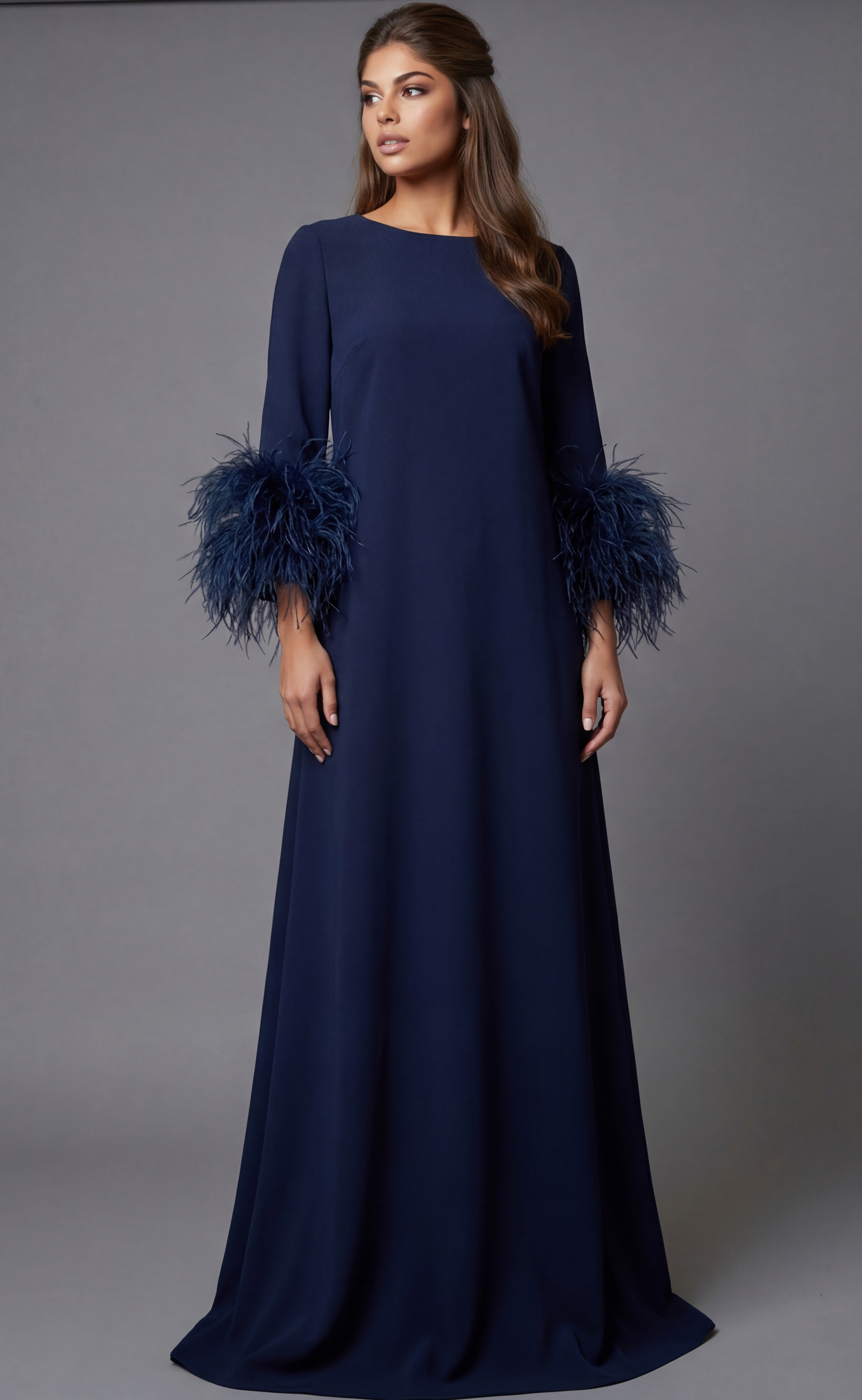 40200-1 Floor-length navy gown with feather-trim sleeves and clean back silhouette