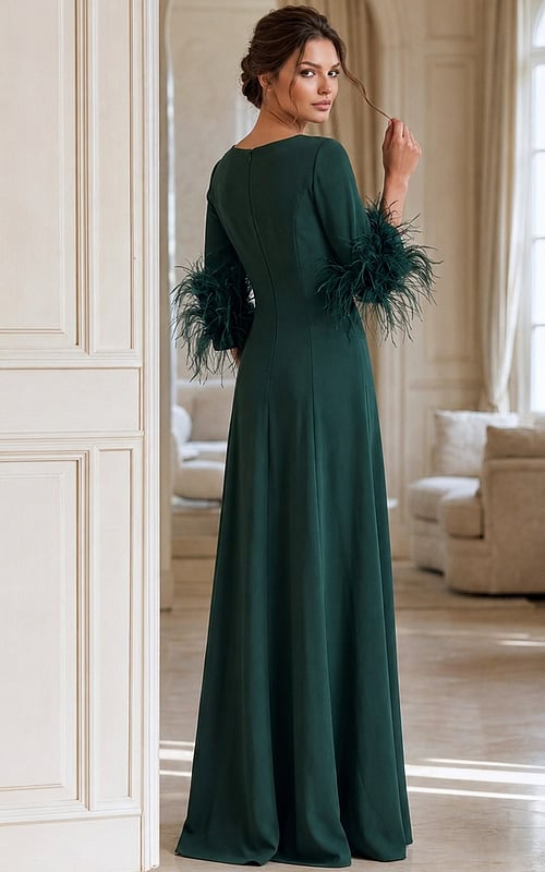 back of long sleeve dress with feather sleeves 40200