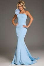 Model wearing Jovani 40201 blue mermaid dress with floral shoulder embellishment, front view.
