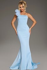Model wearing Jovani 40201 blue mermaid dress with floral shoulder embellishment, full front view.