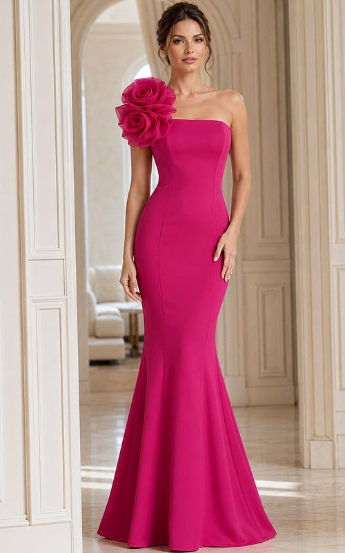 Strapless Fitted Formal Dress With Oversized Floral Accent