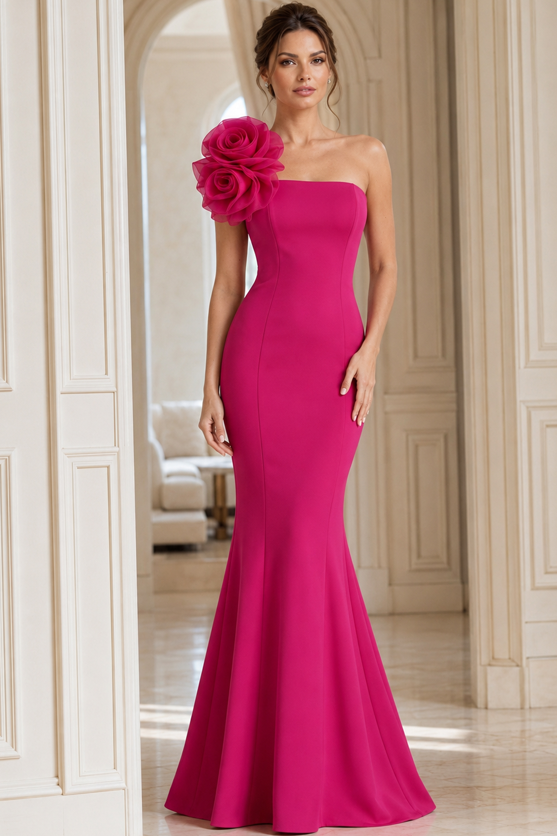40201-fuchsia-3 Strapless Fitted Formal Dress With Oversized Floral Accent