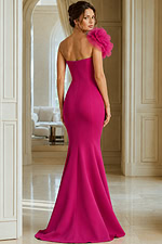 Floor Length Fuchsia Gown With Dramatic Rosette Shoulder