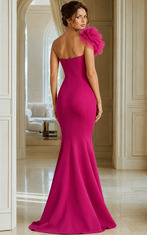 Floor Length Fuchsia Gown With Dramatic Rosette Shoulder