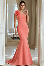 Fitted Mermaid Evening Gown With Floral Shoulder Accent