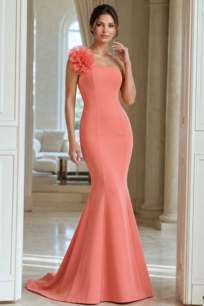 Fitted Mermaid Evening Gown With Floral Shoulder Accent