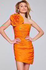 Model wearing Jovani 40205 orange mini dress with floral applique, front close-up.