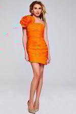 Model wearing Jovani 40205 orange mini dress with floral applique, full front view.