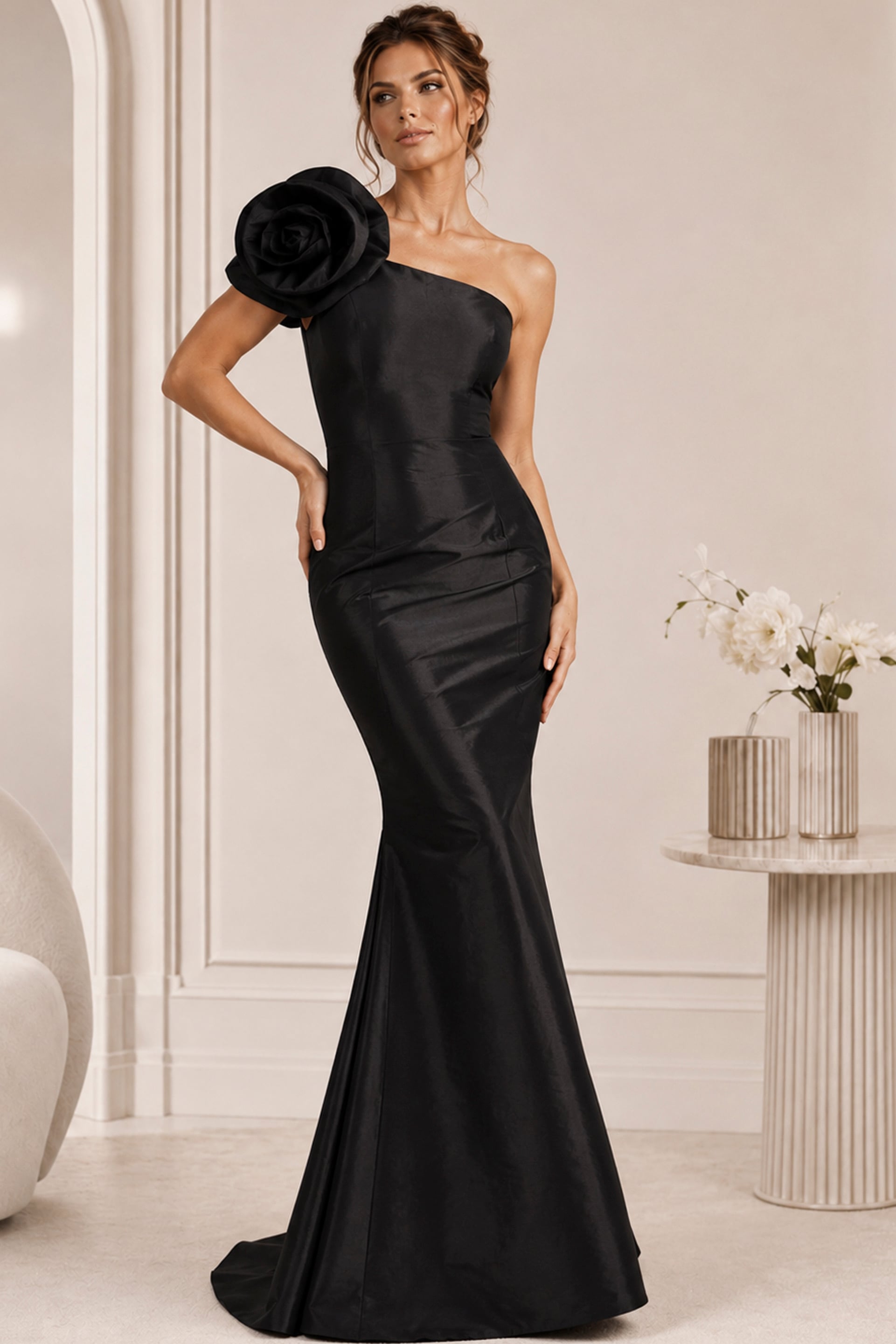One Shoulder Hunter Green Gown With Floral Sleeve 40206 | Jovani