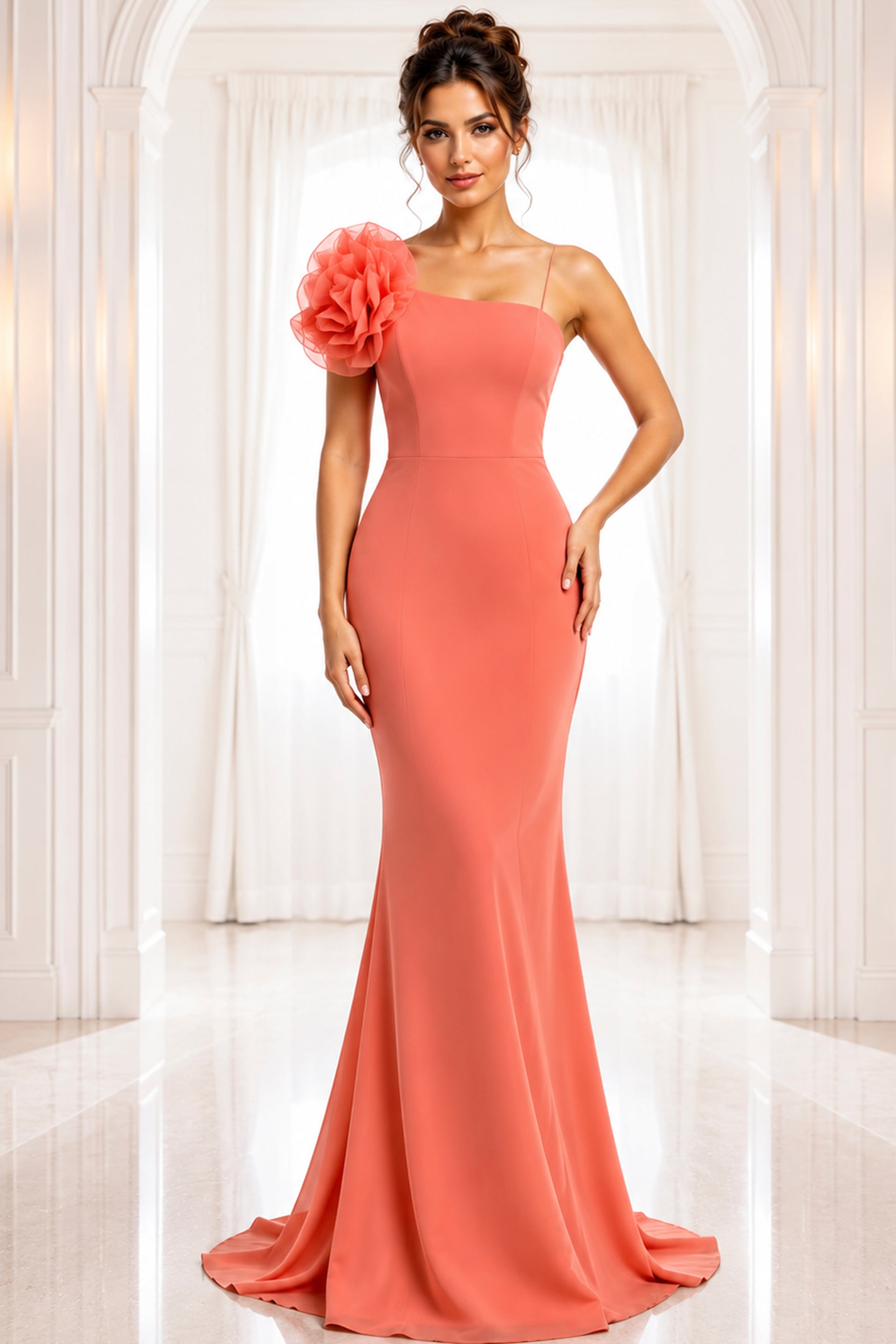 orange green one-shoulder gown with large floral accent - front full body, coral, one-shoulder, ruffled flower, mermaid silhouette